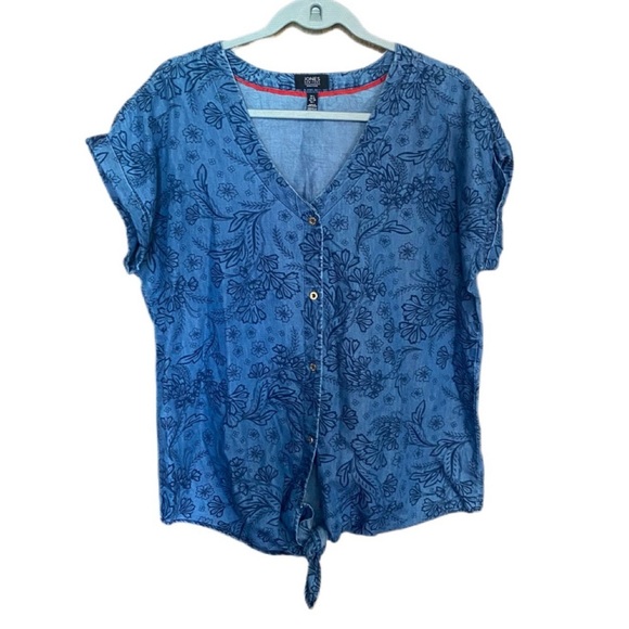 Jones New York Signature Women’s Short Sleeve Button Front Paisley Top Sz L - Picture 1 of 3